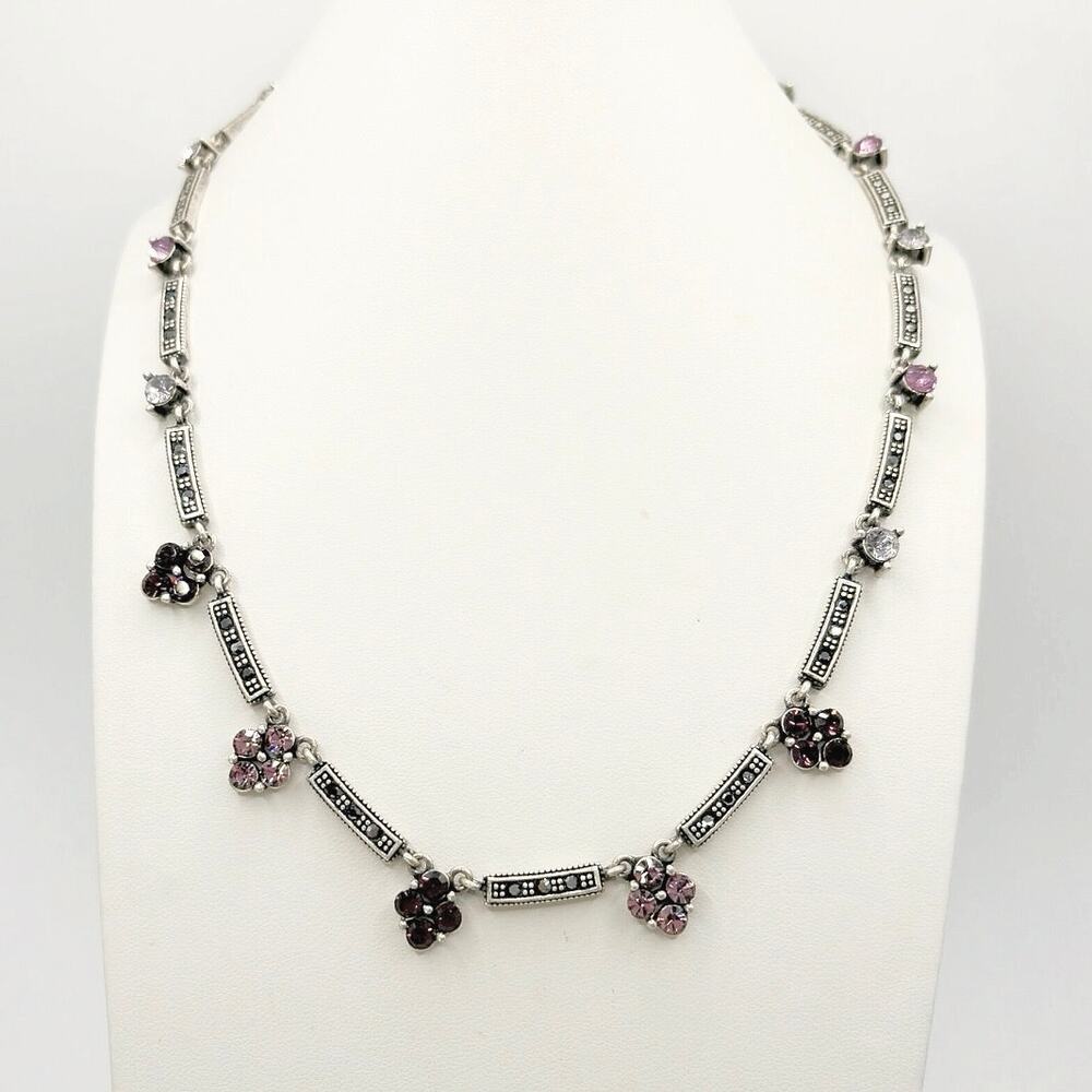 Sterling Silver Vintage Purple Floral Rhinestones and Marcasites Necklace